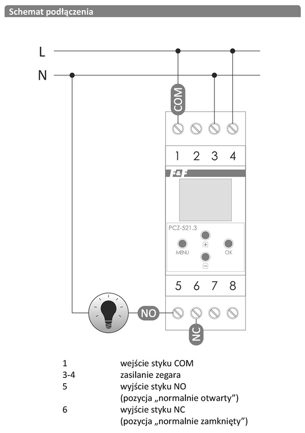 Zegar PCZ-521.3 schemat podłączenia